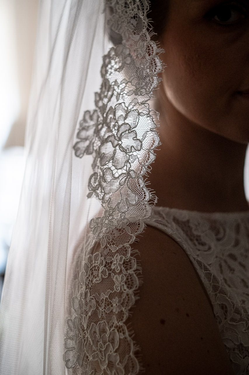Close-up details of delicate white lace fabric and clothing in soft natural light.