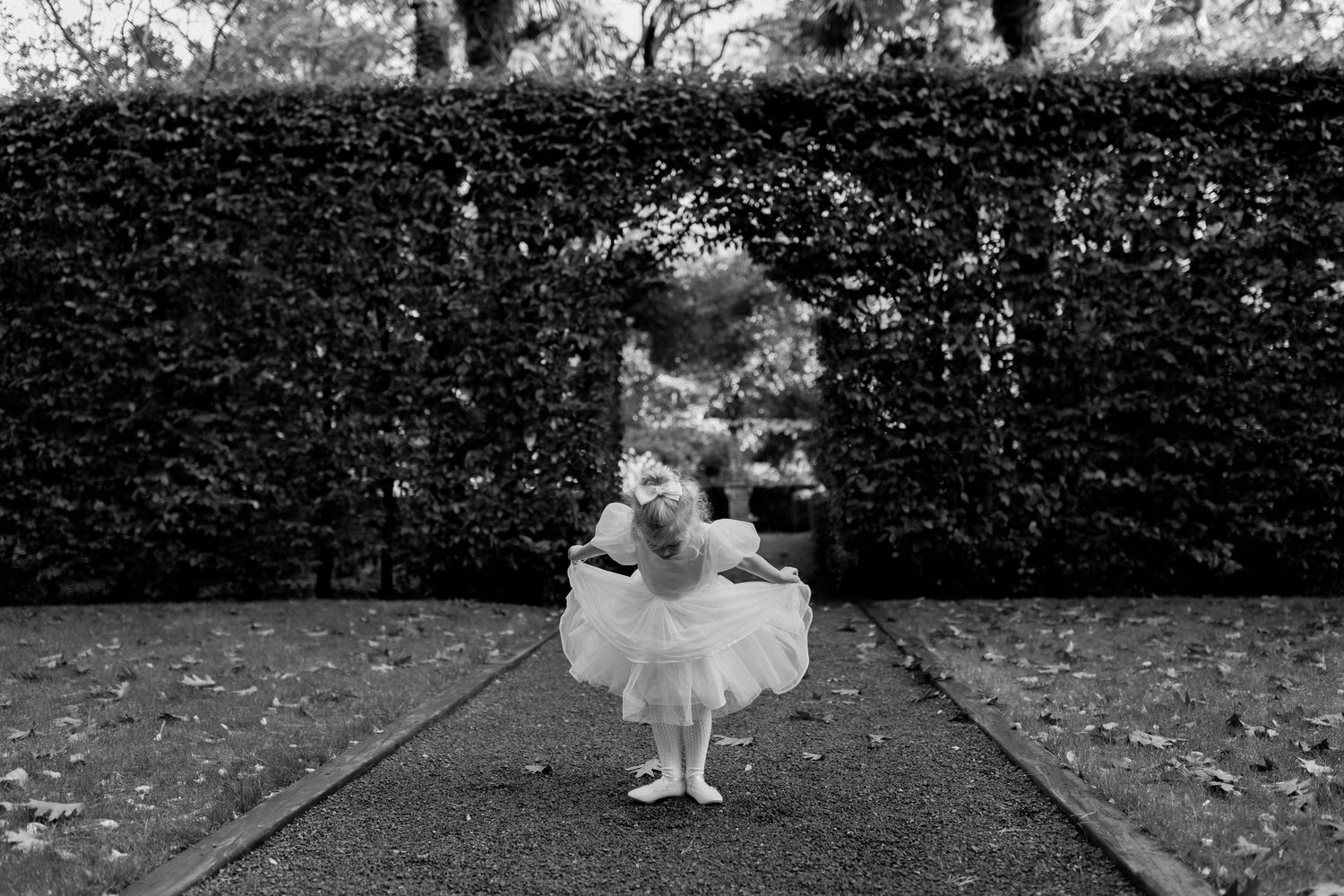 A small figure in a white tutu dress stands alone on a garden path framed by tall hedges in black and white.