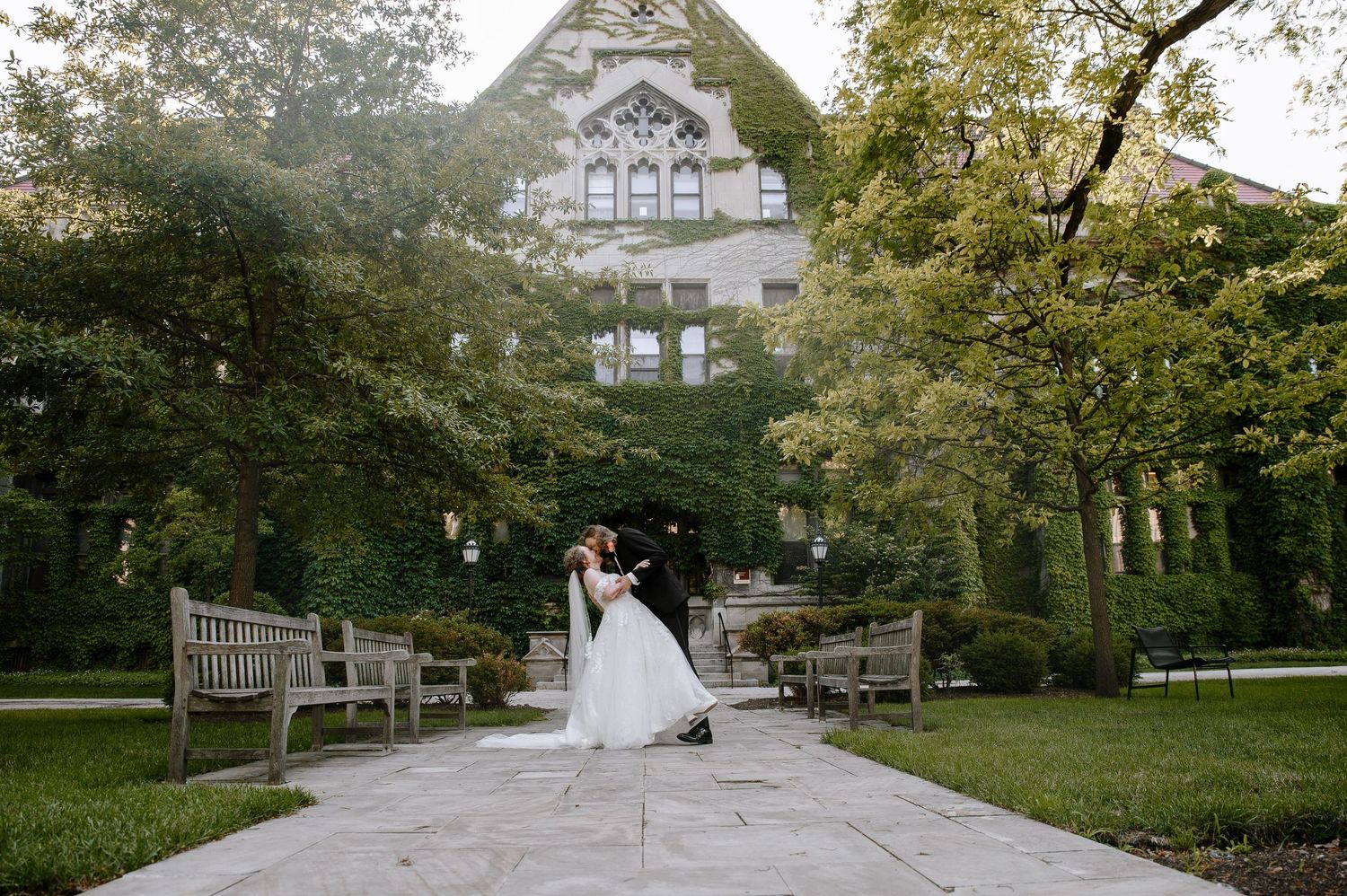 A collage of garden wedding ceremony photos showing a park venue with lush trees and stone walkways in various angles.