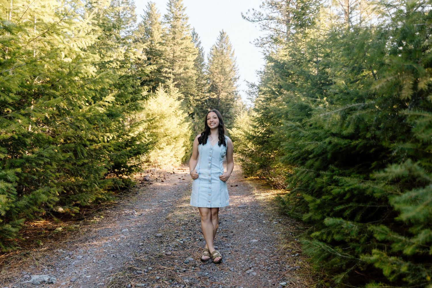 Light blue denim dress contrasts with tree-lined forest path on sunny day.