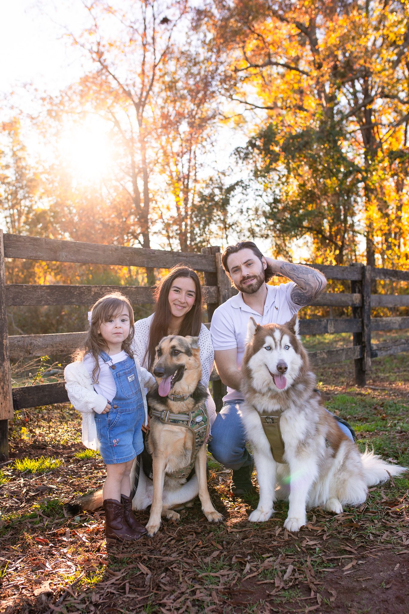 A family and their two dogs pose together on an autumn evening at Sugg Farm
