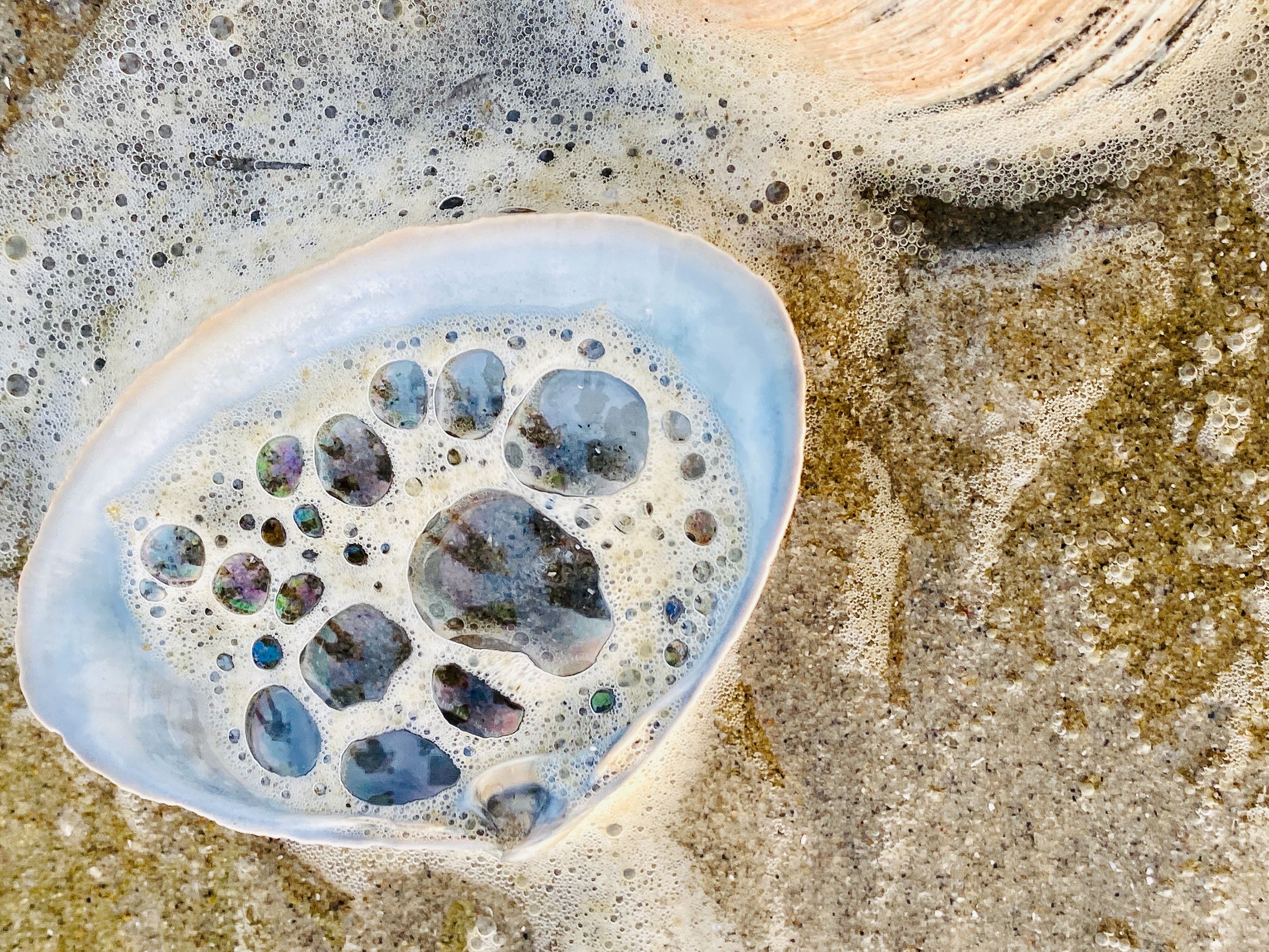 Close-up view of water bubbles in a shallow puddle against a textured concrete surface with golden tones.
