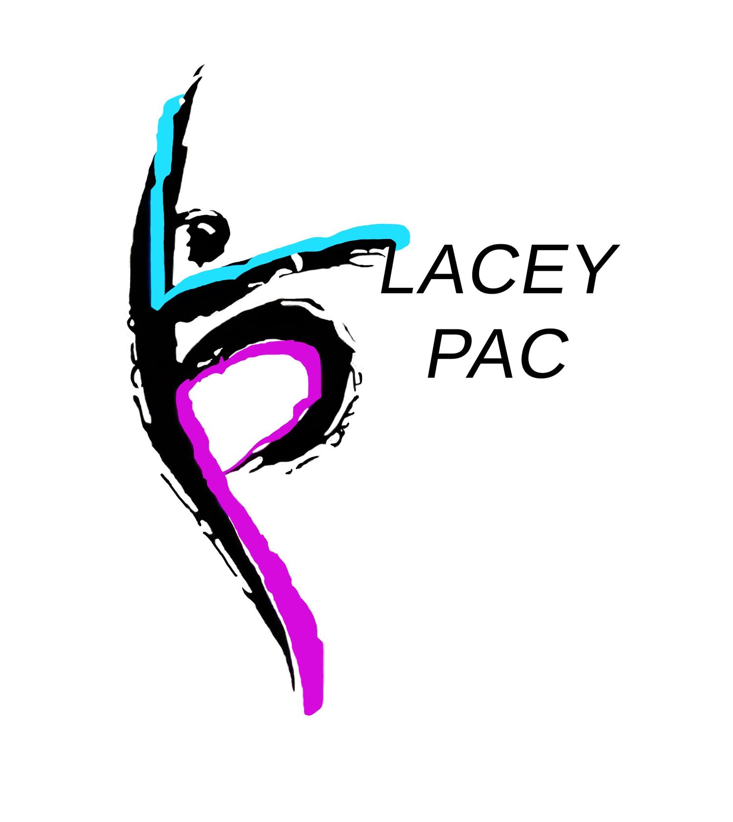 Abstract dance figures in black silhouettes with pink and blue accents performing graceful movements on white background.