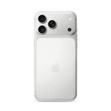 Back view of a white iPhone 16 Pro in a clear protective case showing triple camera system.