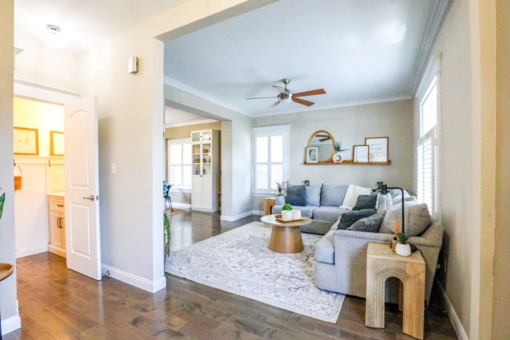 Modern apartment interior collage showing neutral-toned living spaces, bedrooms, and hallways with hardwood flooring.
