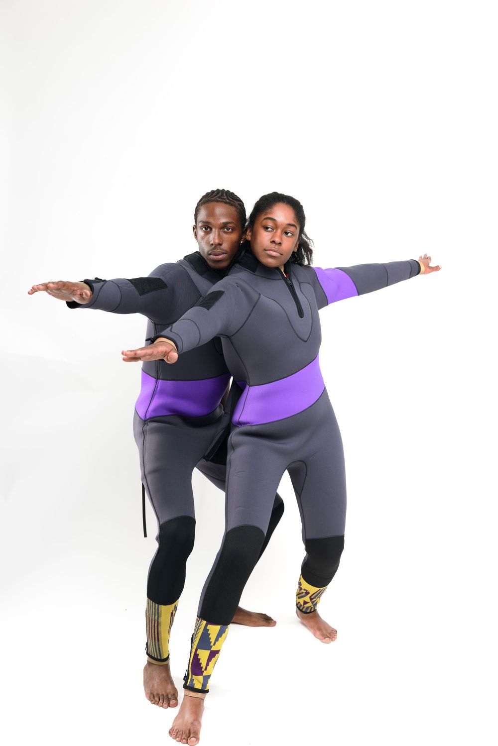 Three action shots of a person in gray and purple athletic wear performing a dynamic yoga or dance pose.