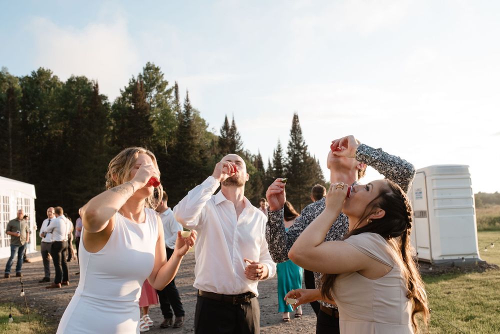 Wedding guests laugh and drink together outdoors at a sunny summer reception with pine trees in the background.