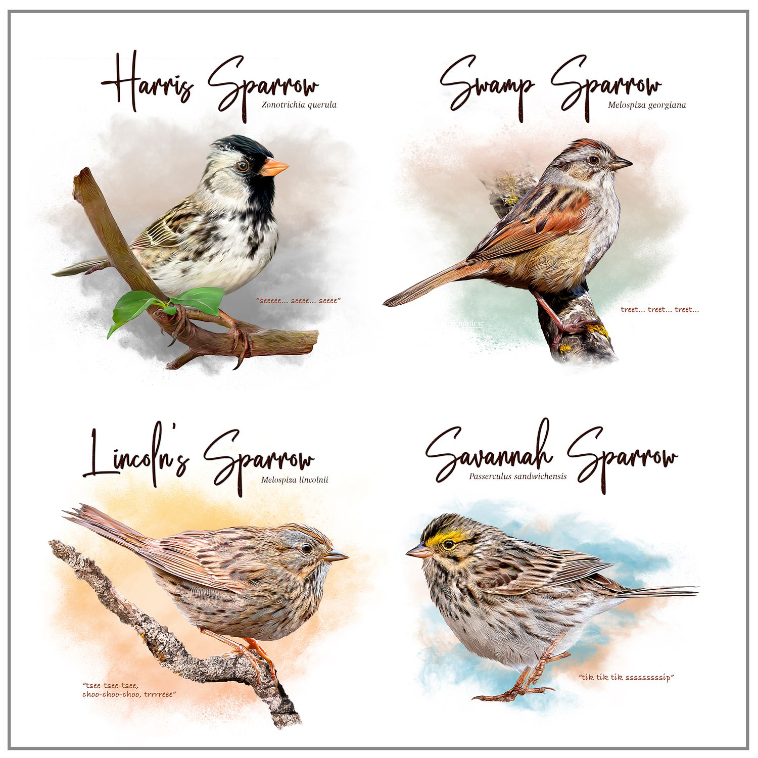 Watercolor illustration of four different sparrow species labeled as Harris, Swamp, Lincoln's and Savannah sparrows.