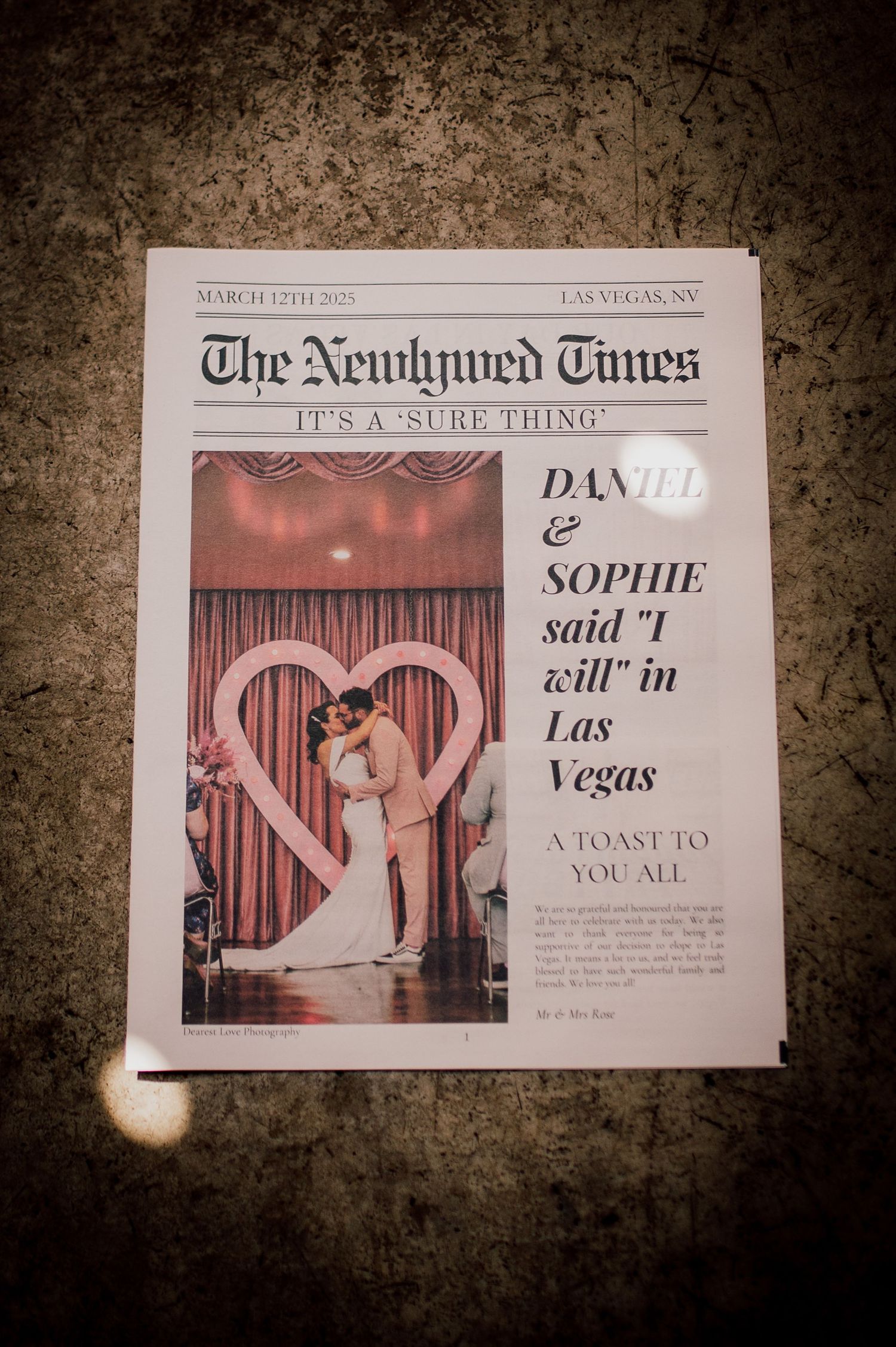 A series of newspaper clippings showing a wedding announcement with silhouettes against a pink backdrop in Las Vegas.