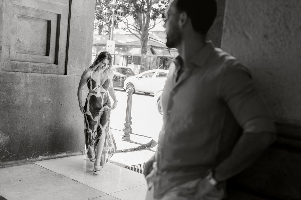 A black and white collage of photos showing people at a beach and in urban settings.