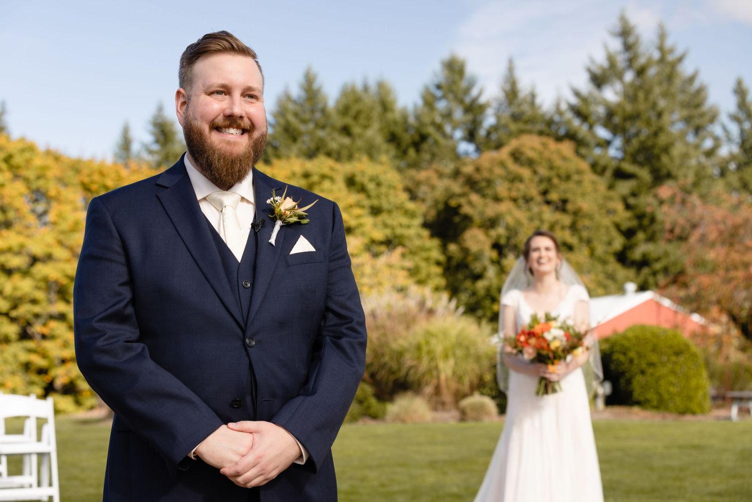 A collage of wedding photos showing a couple in formal attire outdoors with greenery and trees in the background.