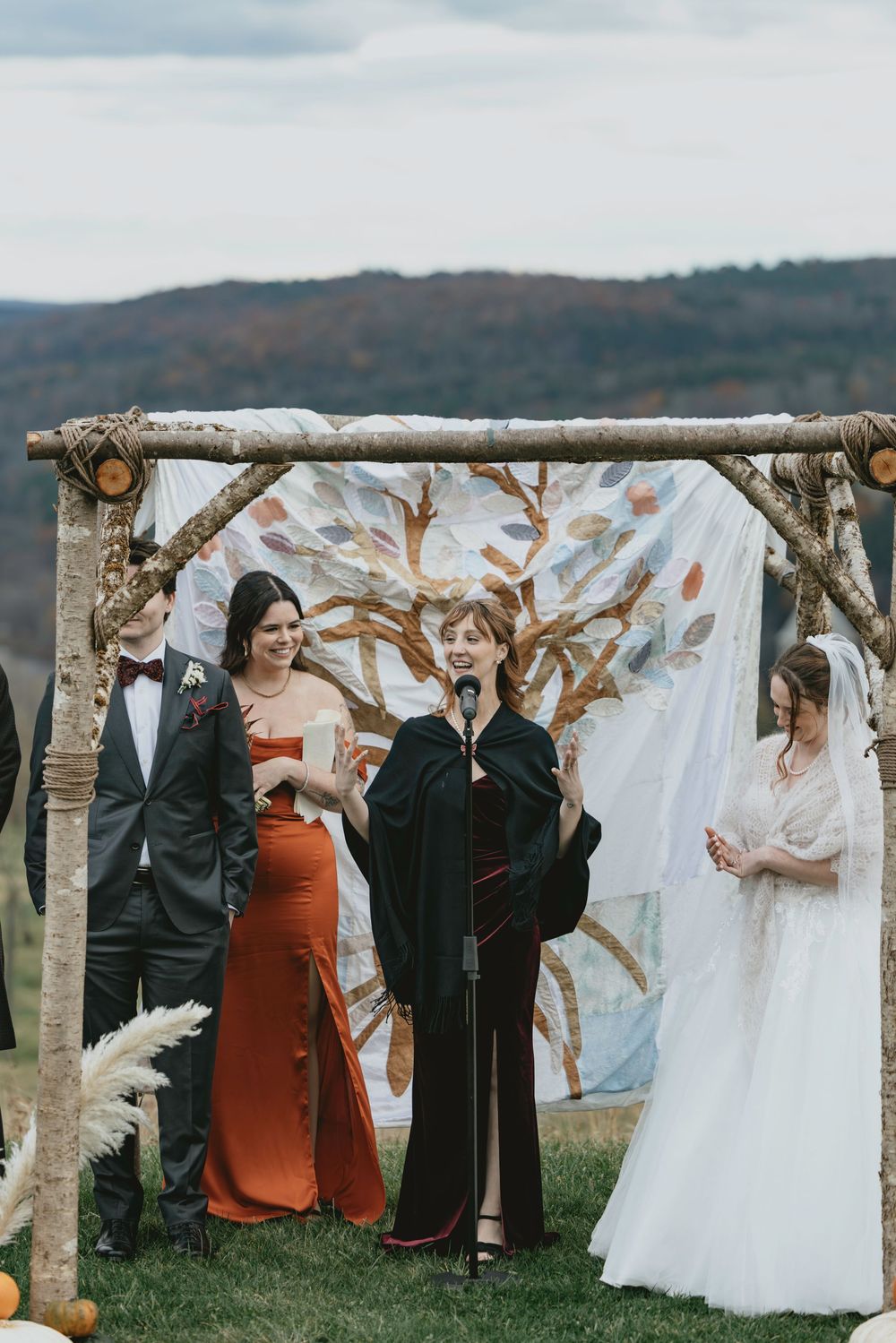 Rustic outdoor wedding ceremony with birch arch and painted tree backdrop against mountain landscape.