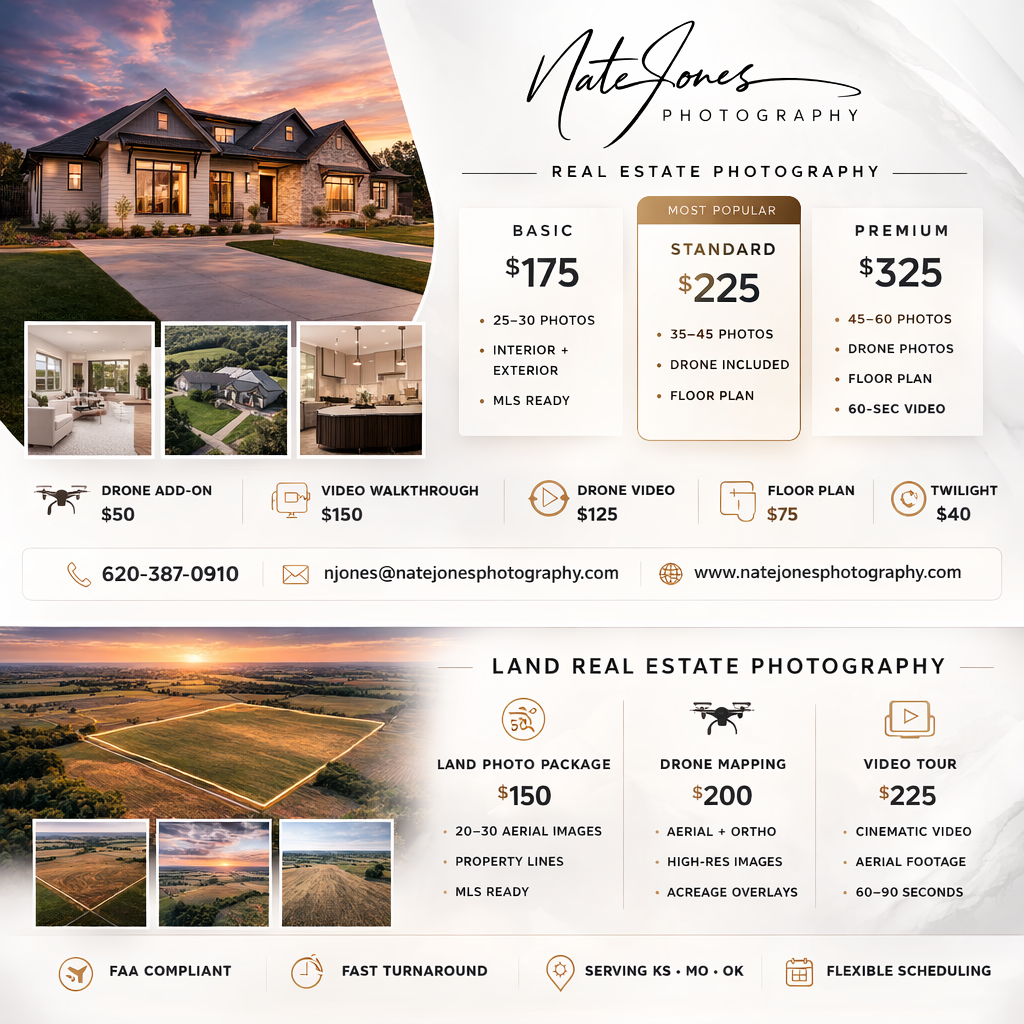 Photography pricing packages and portfolio display showcasing landscape and real estate images with sunset views.