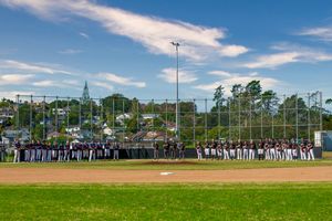 Baseball teams line up along the baselines of a field with tall pine trees and blue sky in the background.