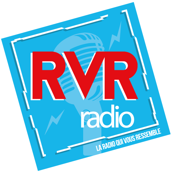 RVR Radio logo featuring bold red letters on a light blue square with a microphone graphic and French tagline.