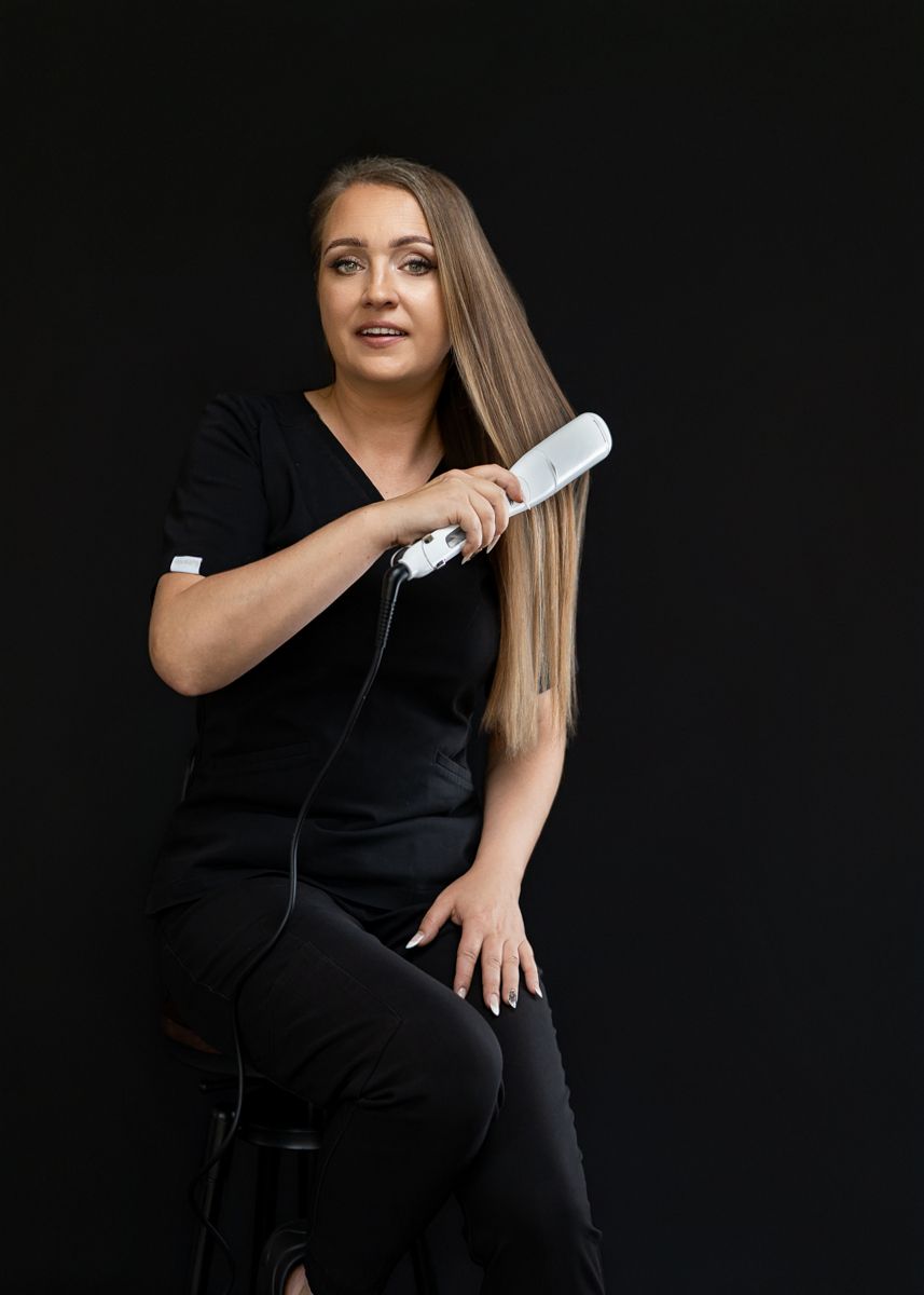 A series of eight photos showing a hair straightening process against a black background.