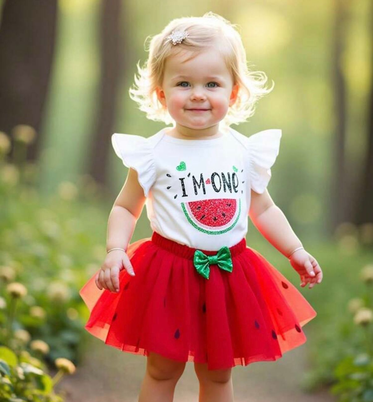 Red tulle skirt with watermelon design and white top creates a festive first birthday outfit.