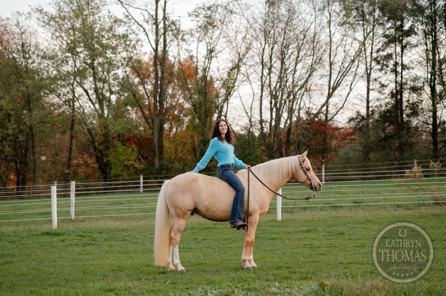 Horseback rider in blue sweater sitting atop palomino horse in fenced training arena.