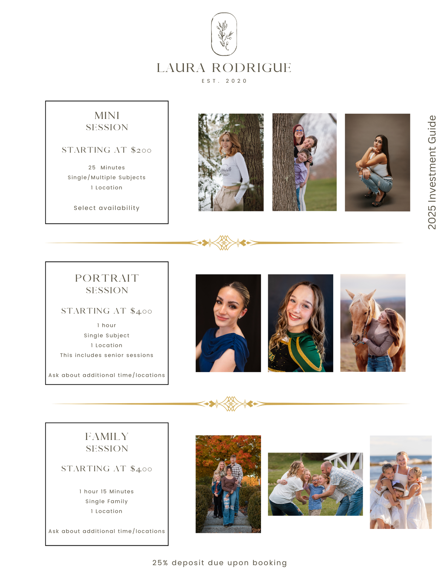 Photography pricing guide showing different photo session packages with sample portraits and family photos in outdoor settings.