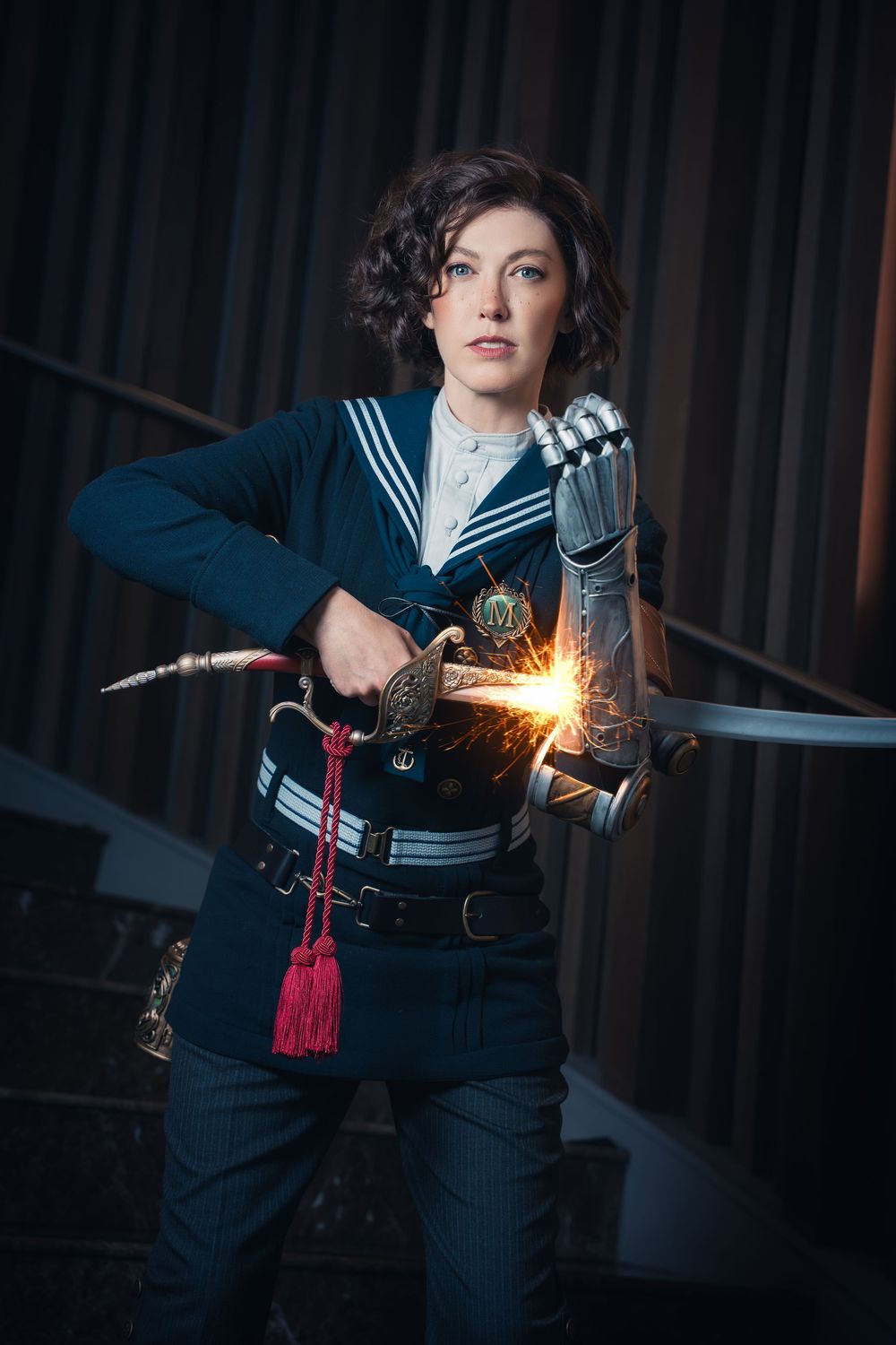 Pinocchio cosplay from Lies of P wielding a glowing weapon in a cinematic portrait.
