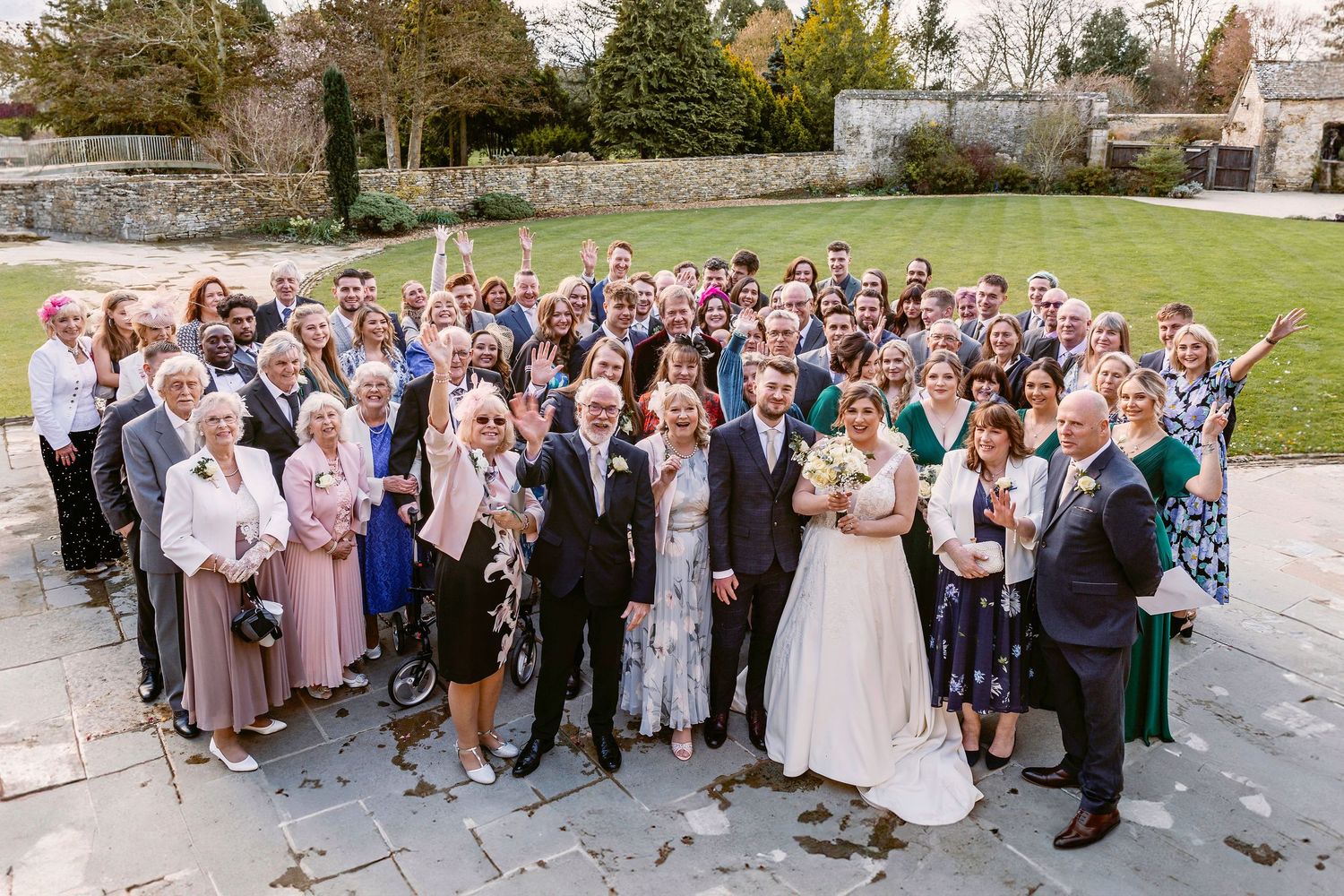 A series of wedding party group photos arranged side by side showing guests and couples outdoors at a formal event.