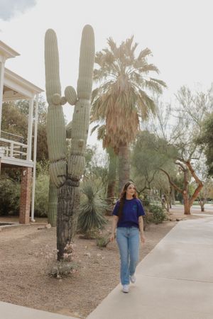 Individual strolls down concrete pathway lined with tall saguaro cacti and desert vegetation.
