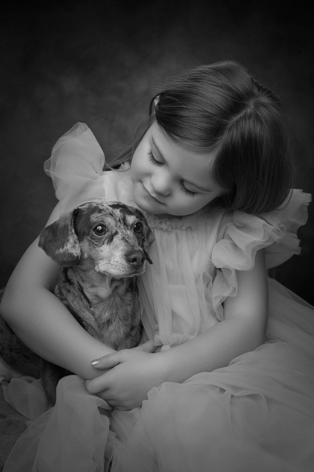 A tender black and white photo series showing intimate moments between a person and their beloved dog in bed.