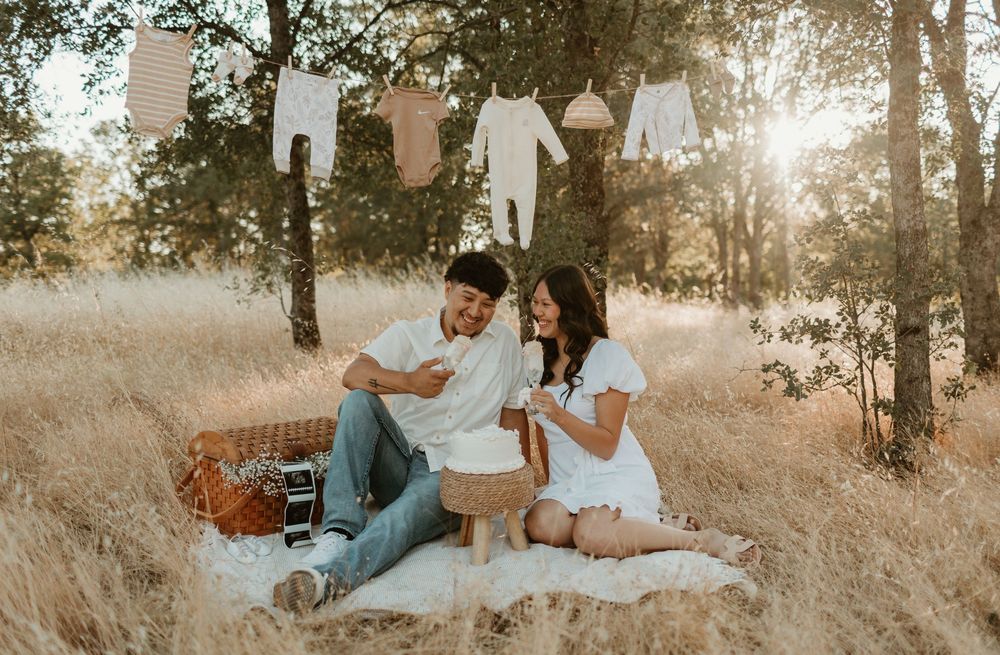 A panoramic series of intimate moments between a couple in white and blue outfits amid sunlit golden grass.