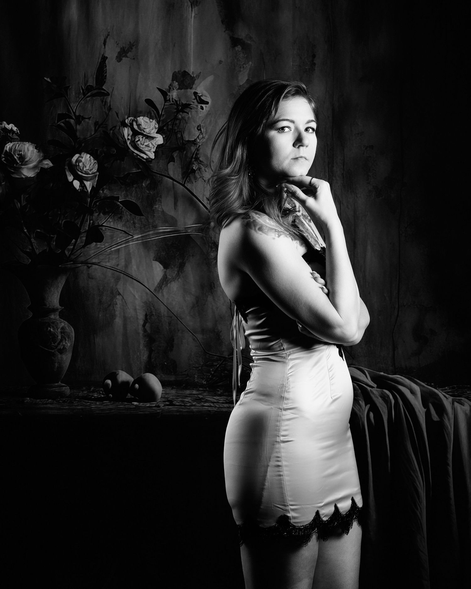 David G Holt Photography - Dramatic black and white close-up portrait with white fabric partially covering face.