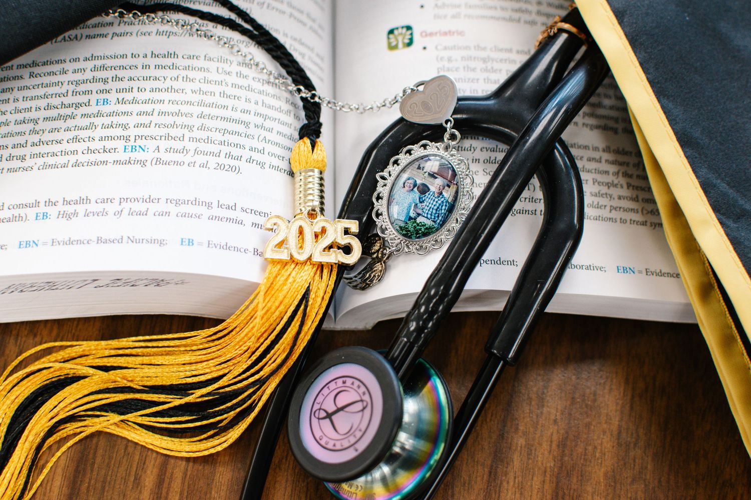 Nursing graduation cap, tassel, and stethoscope photographed at Pacific Lutheran University