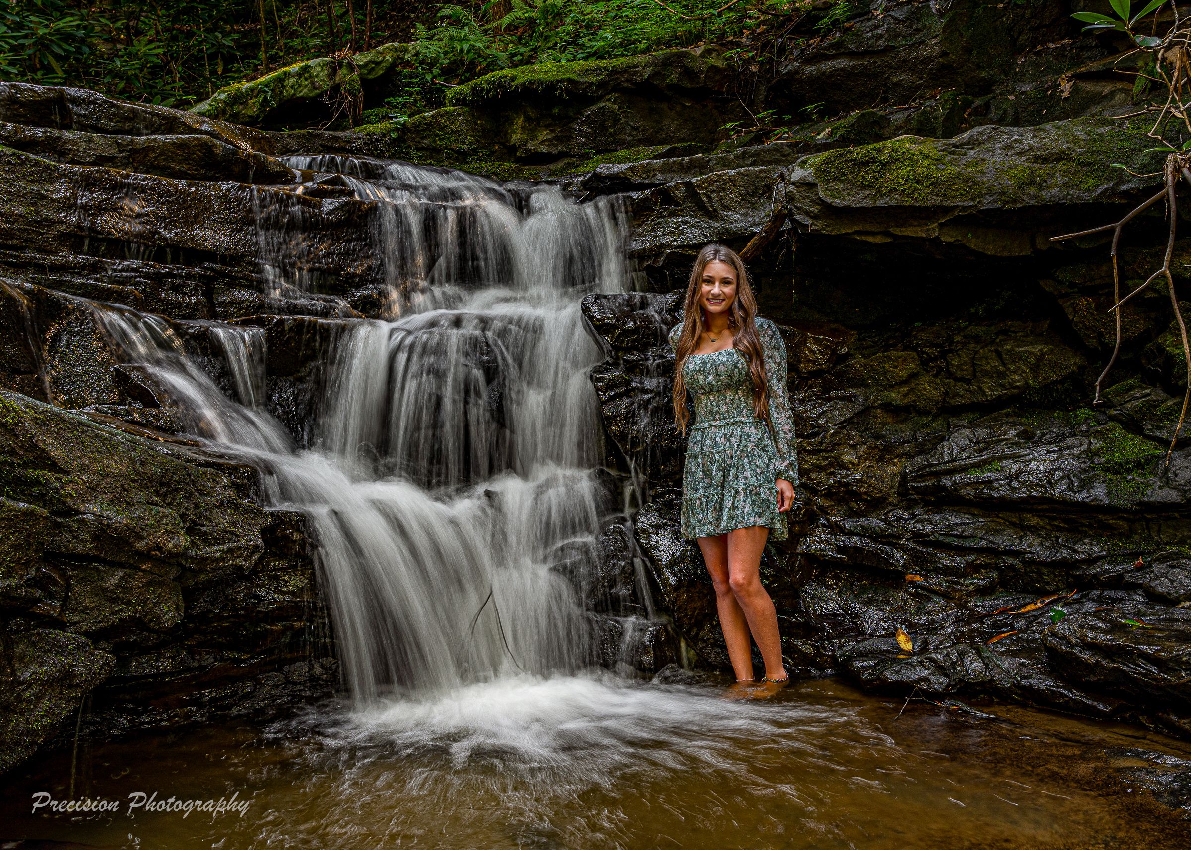 A series of scenic waterfall photos showing cascading water over mossy rocks in a lush forest setting.