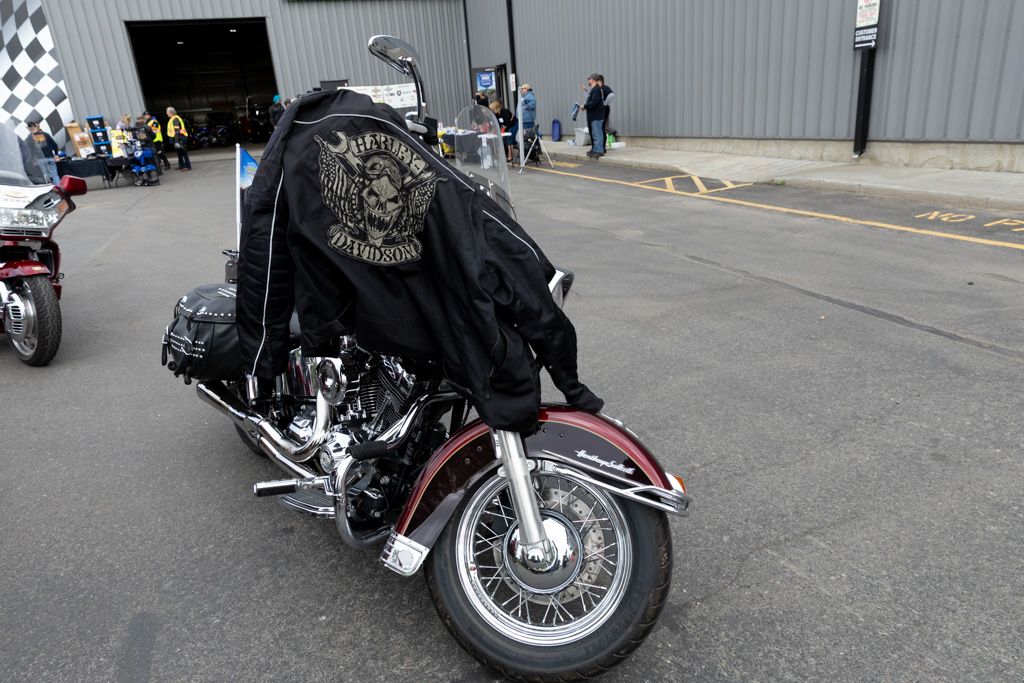 Row of custom Harley Davidson motorcycles parked at an outdoor motorcycle show or gathering.