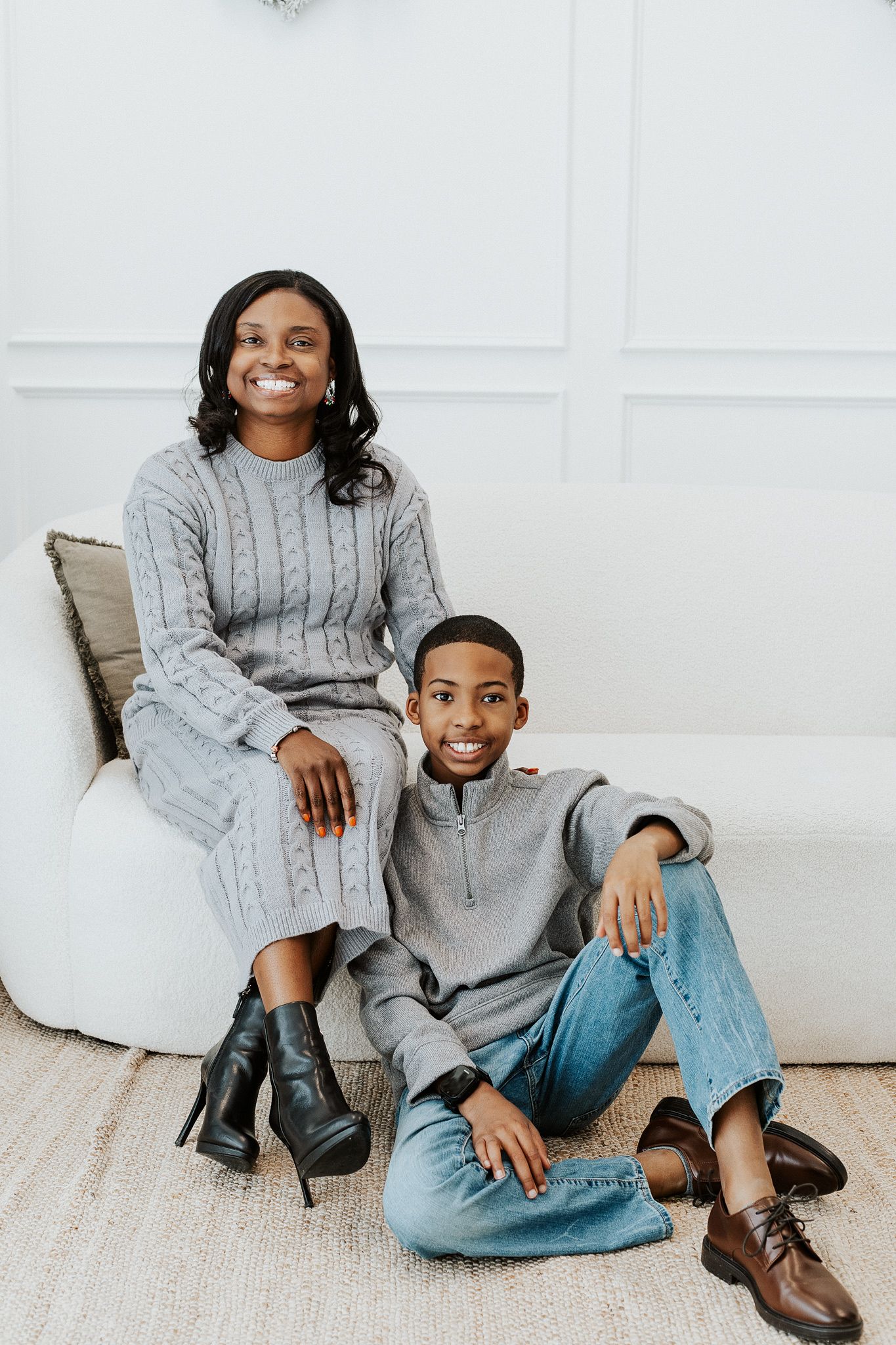 Mother and son lifestyle portrait session with coordinated outfits in North Caroline