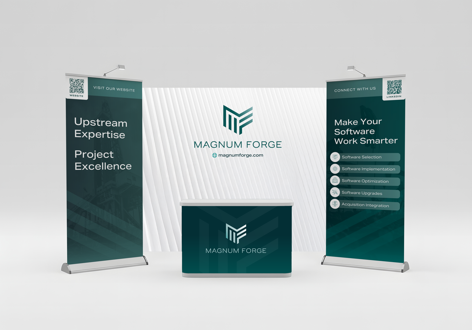 Corporate branding mockups showing Magnum Forge logo on green presentation slides.