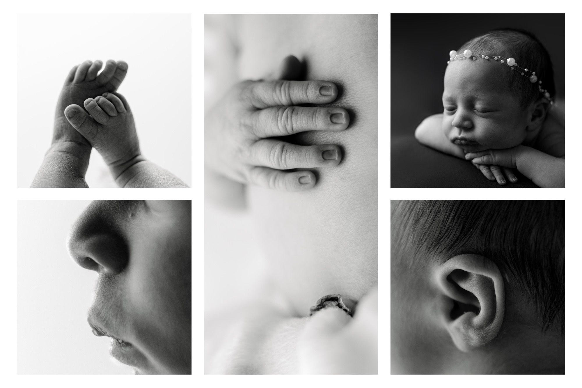 Black and white collage of baby details including hands, face, and ear.