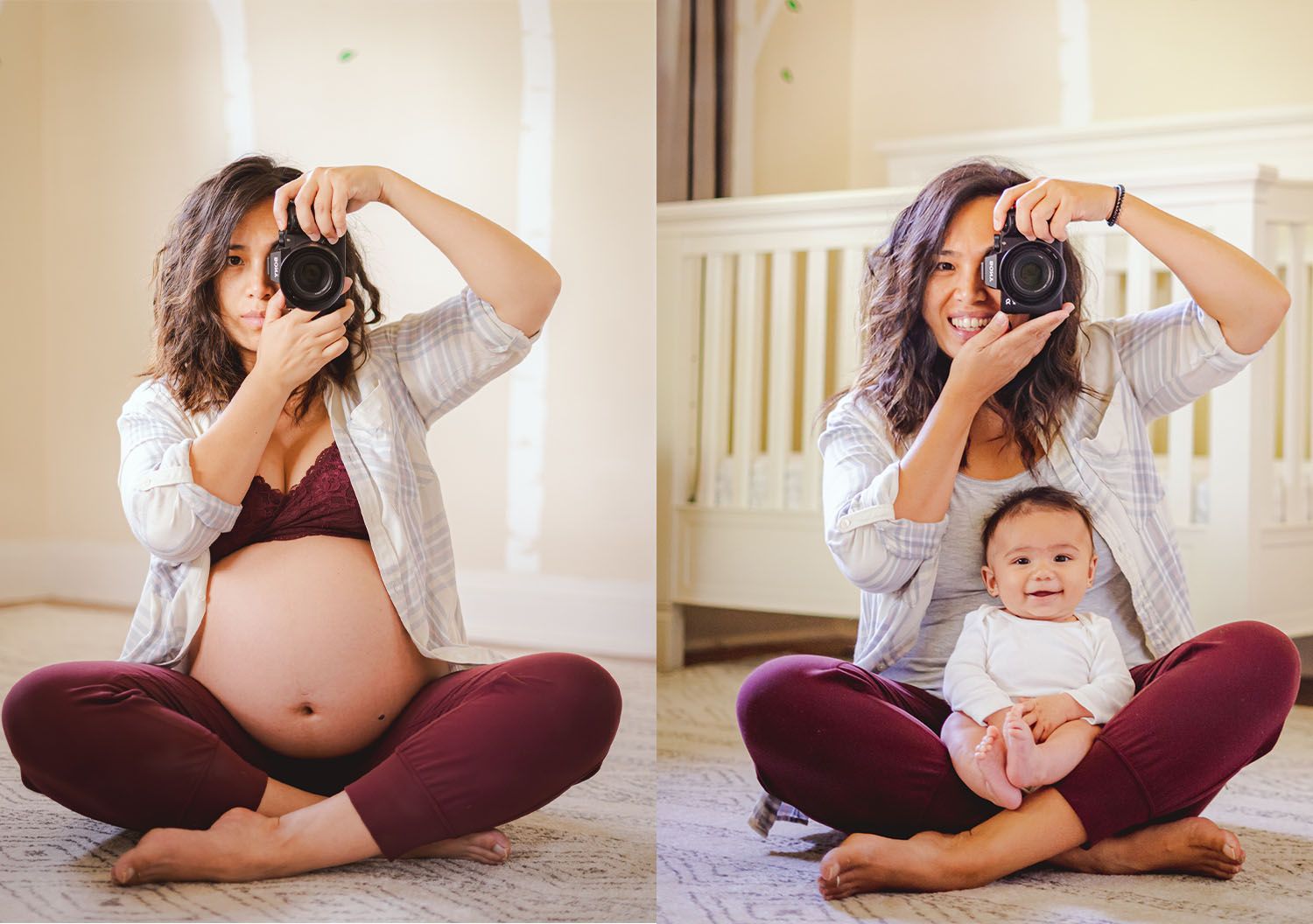 Before and after pregnancy comparison photos of a person sitting cross legged with a camera on floor.