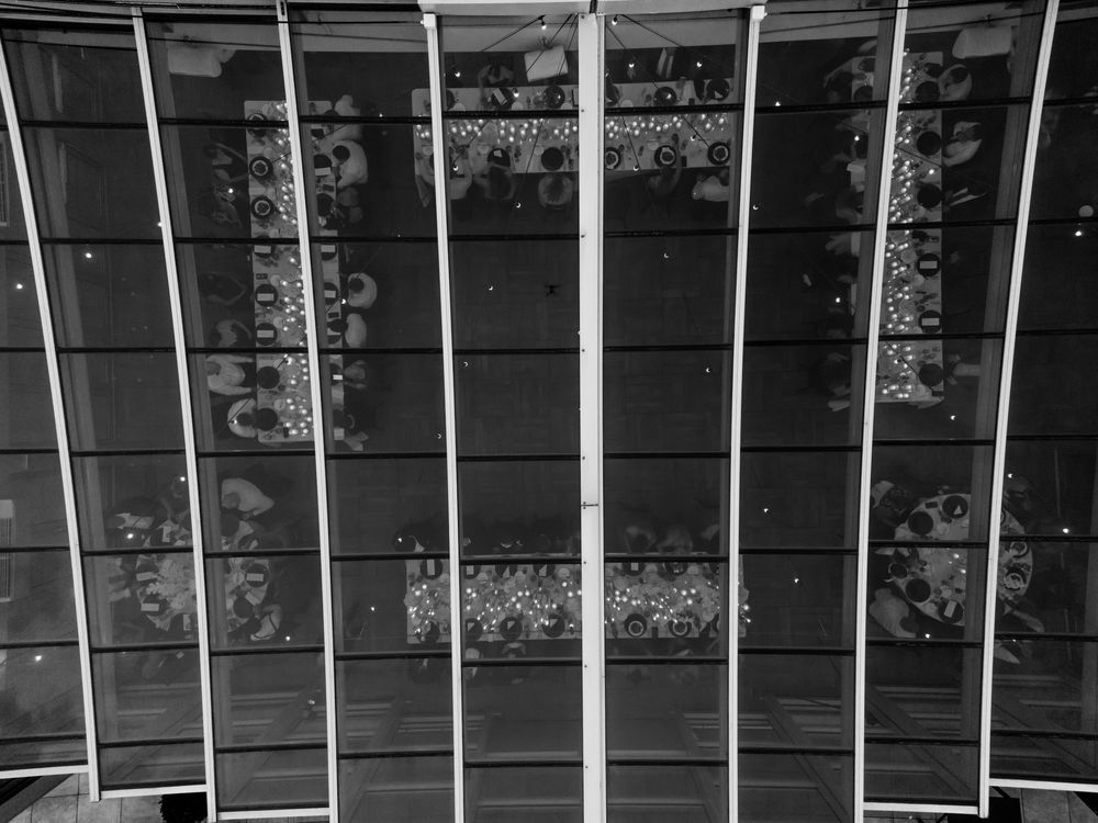Black and white architectural detail of glass ceiling with ornate pattern.
