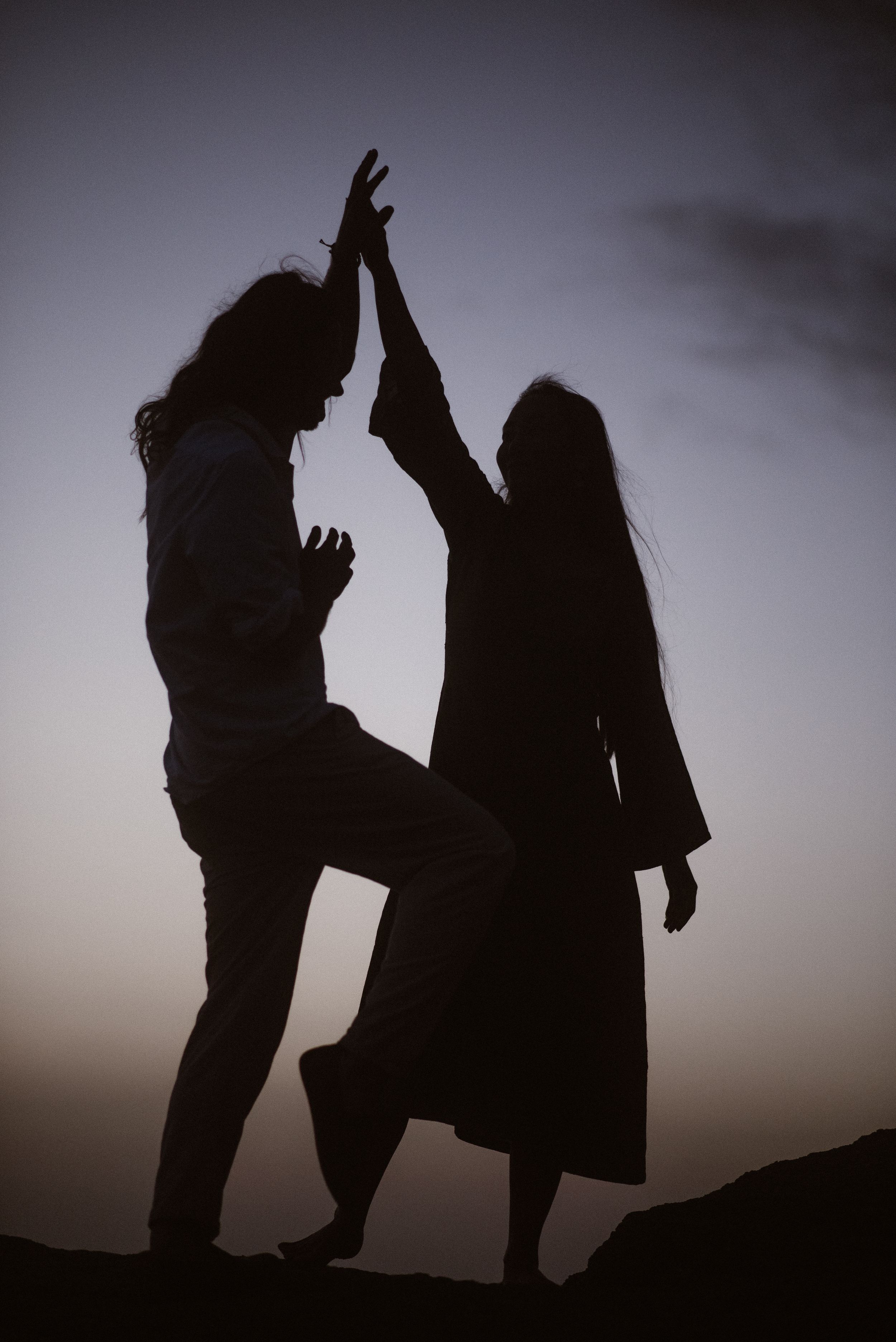 Silhouettes of two people joyfully raising their hands together against a dusky sky.