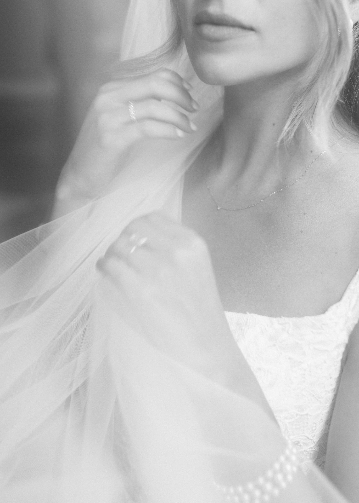Delicate white lace wedding dress and veil detail in black and white.