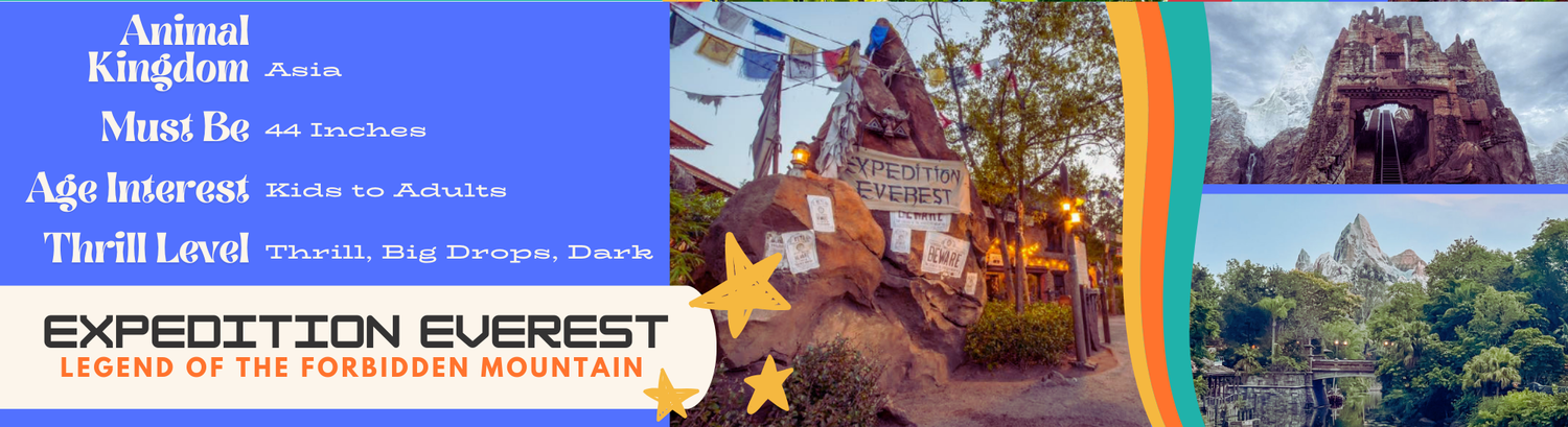 Three theme park attractions including Expedition Everest roller coaster, Animal Kingdom lodge, and Magic Circus carousel.