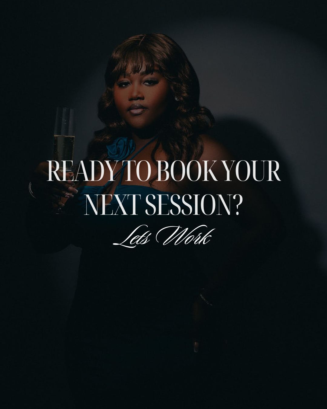 Moody photography booking advertisement with dramatic lighting and elegant styling.