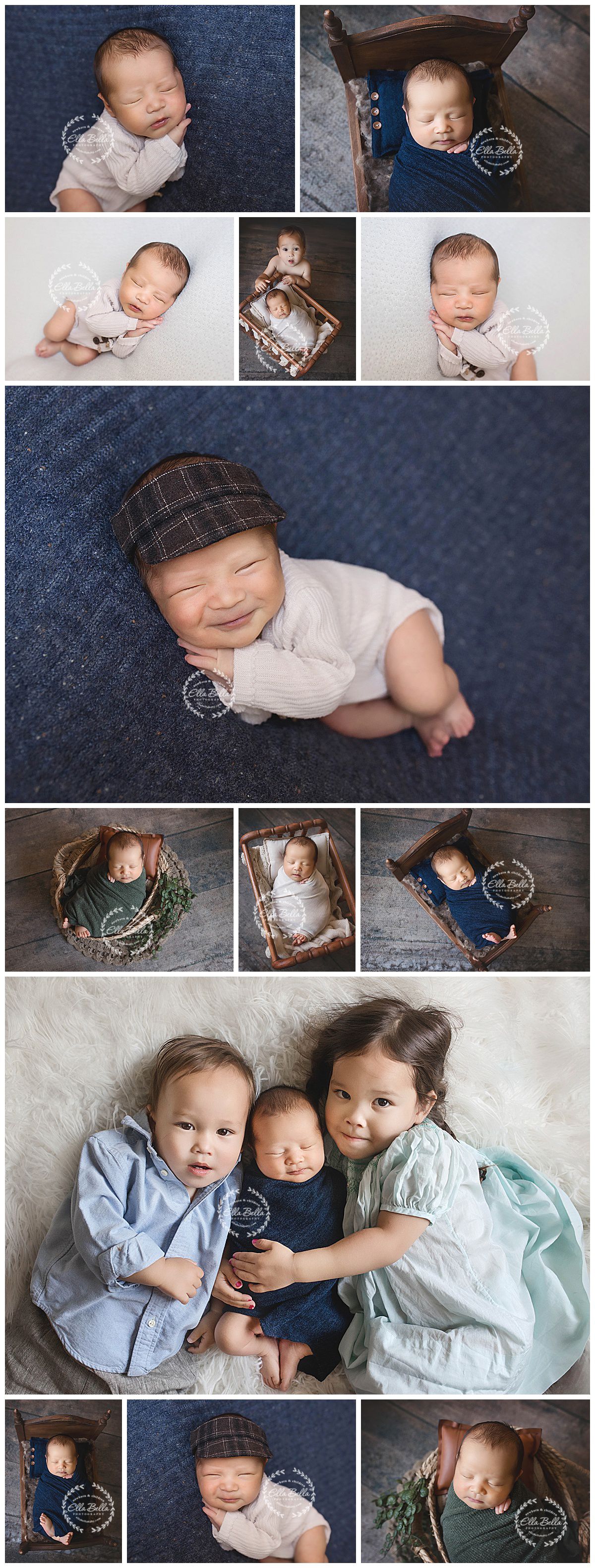 Newborn photography collage featuring sleeping baby in various poses with props including baskets, blankets, and hats.