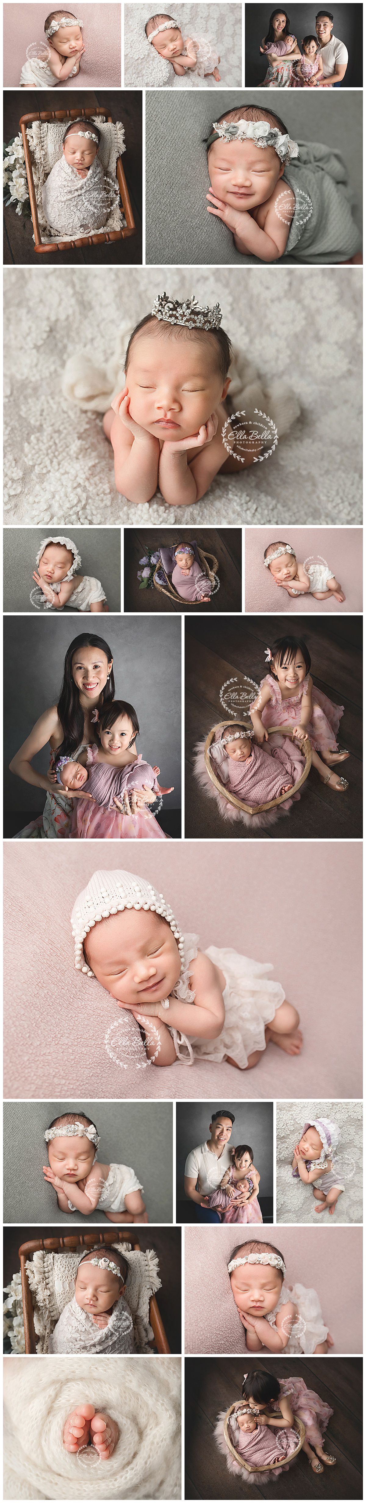 Artistic newborn photography collection featuring delicate lace, soft pink tones, and vintage props in a professional studio setting.