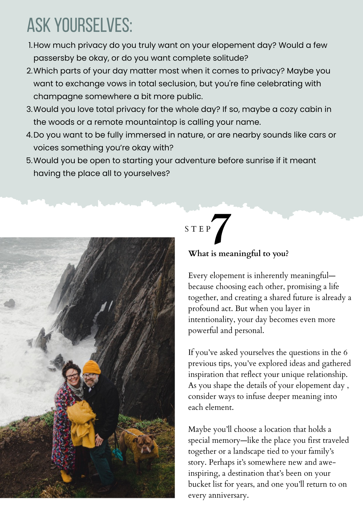 A page from a self-help book about privacy with a dramatic black and white coastal landscape photo below the text.