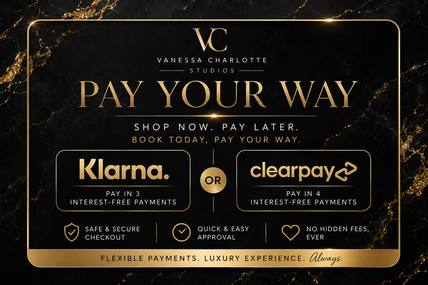 Vanessa Charlotte Studios Pay Your Way banner featuring Klarna and Clearpay buy now pay later payment options on dark marble background.