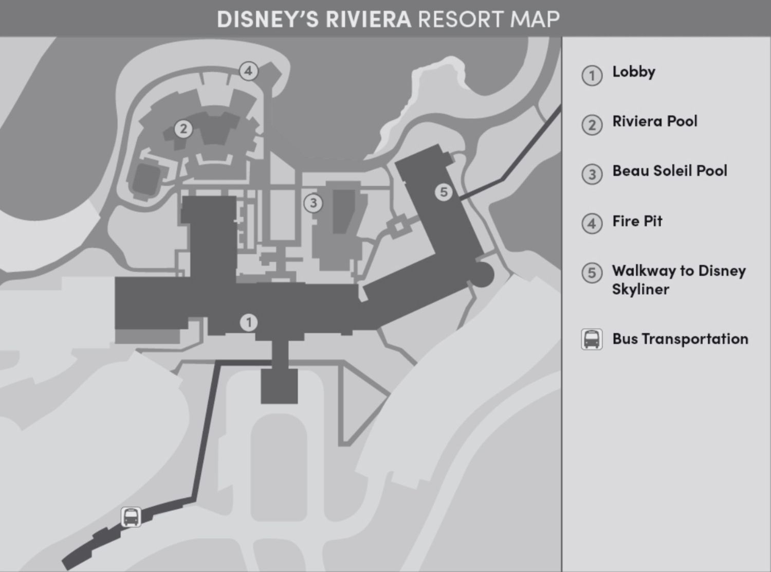 Grayscale map layout of Disney's Riviera Resort showing amenities and key locations.