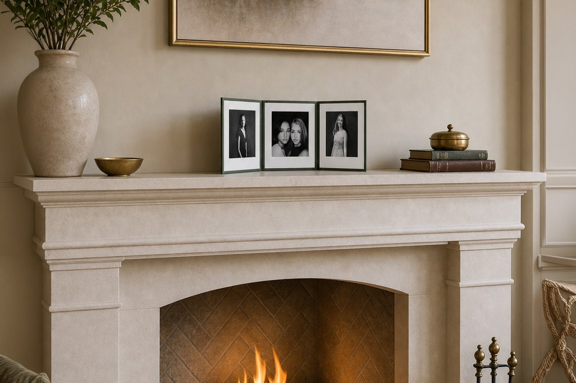 Elegant stone fireplace mantel with framed black-and-white photos, decorative vase, and warm glowing fire in a neutral living room.
