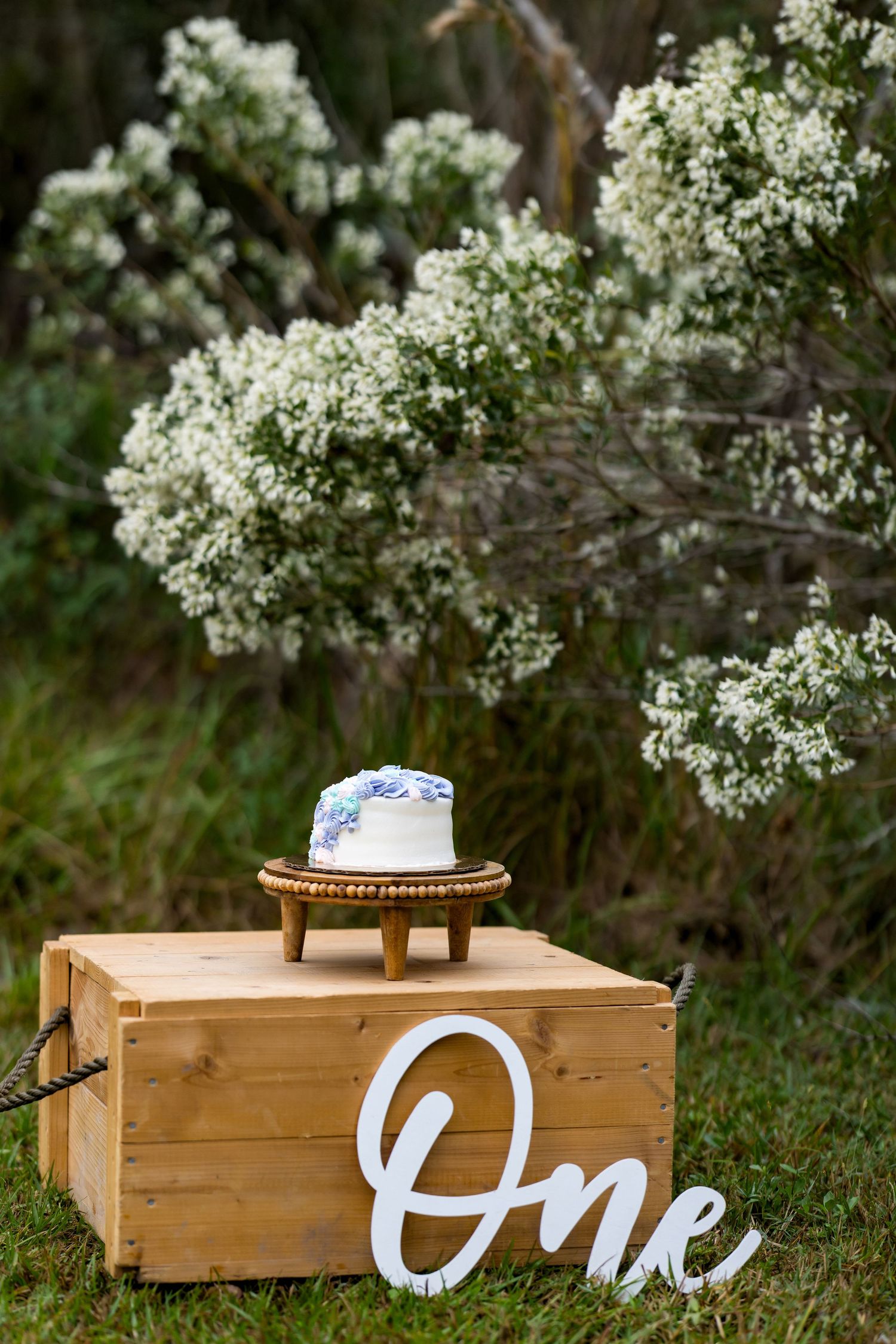White smash cake on wooden crate with 'One' sign, surrounded by white blooms, perfect for first birthday outdoor celebration.