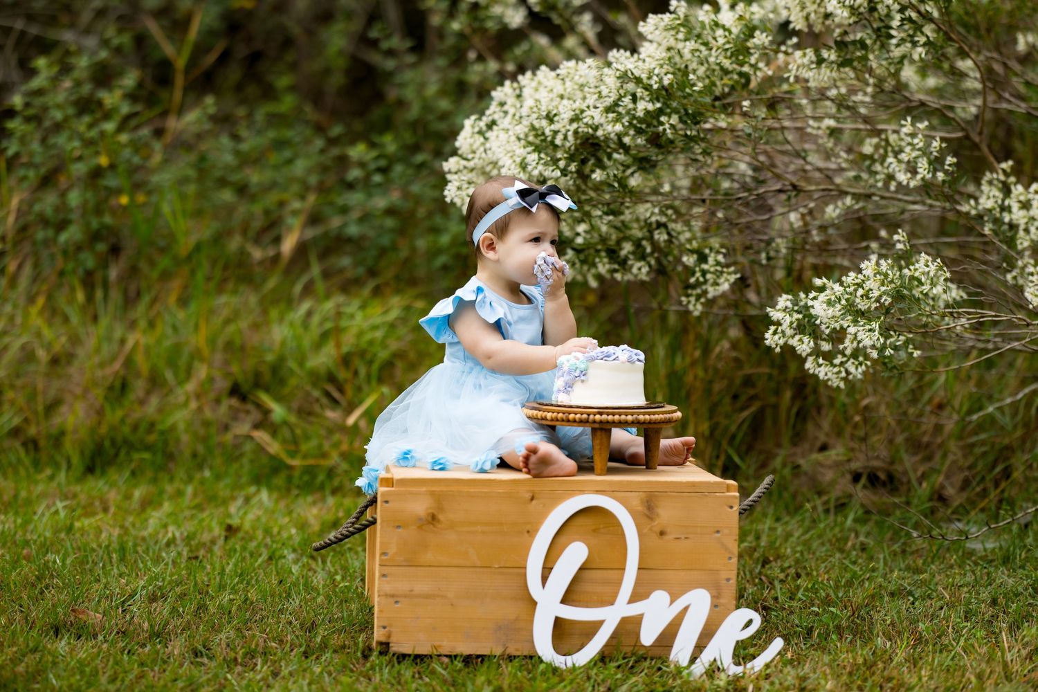 Baby girl in blue dress sits by a cake on a wooden crate with One sign for her first birthday photo.