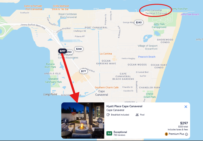 Map showing Hyatt Place Cape Canaveral hotel location priced at $297 per night near Port Canaveral Florida coastline.